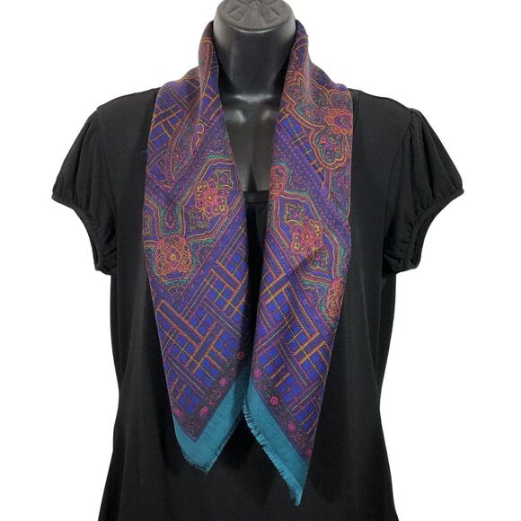 Vintage 30" Square Scarf Purple Plaid Green Paisley, Challis By Berkshire Japan - Picture 7 of 8